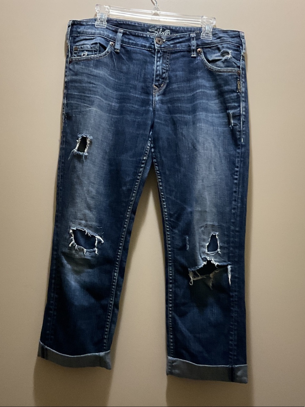 Silver Jeans Women's Flare Crop Distressed Jeans - Dark Blue